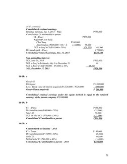 16-17, continued:
Consolidated retained earnings
Retained earnings, Jan. 1, 2013 – Pepe
P550,000
Consolidated CI attributable