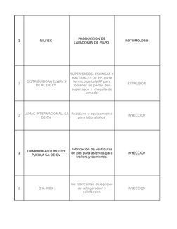 1
NILFISK 
ROTOMOLDEO 
3
EXTRUSION 
2
INYECCION 
1
INYECCION 
2
D.K. MEX 
INYECCION 
PRODUCCION DE 
LAVADORAS DE PISPO 
DISTR