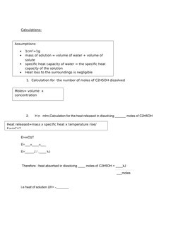 Calculations:
1. Calculation for  the number of moles of C2H5OH dissolved 
2.
    H n   mhn,Calculation for the heat released