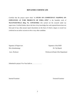 BONAFIDE CERTIFICATE
Certified  that  the project  report titled  “A STUDY ON  COMPETENCY MAPPING ON
EMPLOYEES  AT  TUBE  PRO