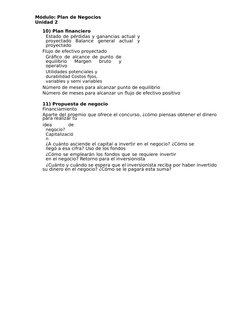 Módulo: Plan de Negocios
Unidad 2
10) Plan financiero
Estado de pérdidas y ganancias actual y
proyectado  Balance  general  a