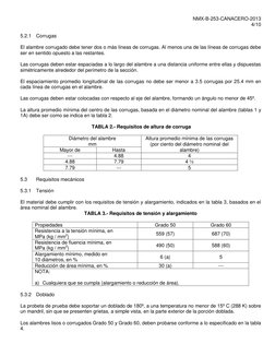 NMX-B-253-CANACERO-2013 
4/10 
 
 
5.2.1 Corrugas 
 
El alambre corrugado debe tener dos o más líneas de corrugas. Al menos u