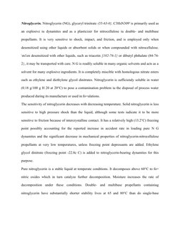 Nitroglycerin. Nitroglycerin (NG), glyceryl trinitrate (55-63-0}, C3HsN309' is primarily used as
an explosive iu dynamites an