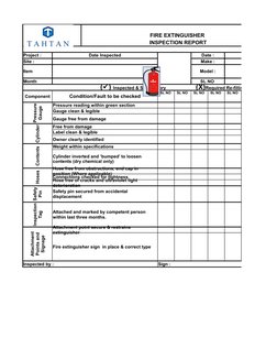 FIRE EXTINGUISHER 
INSPECTION REPORT
Project :
Date Inspected
Date :
Site :
Make :
Item
Model :
Month 
SL NO 
Component
Condi
