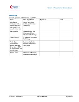 <System or Project Name> Solution Design
Approvals
<sample approvers with titles as of July 2009>
Name
Title, Department
Sign