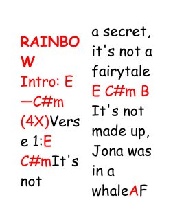 RAINBO
W
Intro: E
—C#m 
(4X)Vers
e 1:E 
C#mIt's
not 
a secret,
it's not a
fairytale
E C#m B
It's not 
made up,
Jona was
in