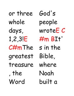 or three 
whole 
days, 
1,2,3!E 
C#mThe
greatest
treasure
, the 
Word 
God's 
people 
wroteE C
#m BIt'
s in the 
Bible, 
wher