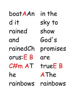 boatAAn
d it 
rained 
and 
rainedCh
orus:E B 
C#m AT
he 
rainbows
in the 
sky to 
show 
God's 
promises
are 
trueE B 
AThe 
r