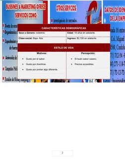 2
Bussines & Marketing
TARGET
 
 
CARACTERÍSTICAS DEMOGRÁFICAS 
Sexo o Genero: indistinto 
Edad: 18 años en adelante. 
Clase