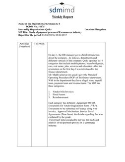 Weekly Report
Name of the Student: Harikrishnan K S
PGDM No.:16075
Internship Organisation: Quikr 
Location: Bangalore
SIP Ti