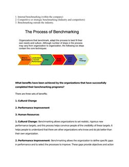 1. Internal benchmarking (within the company)
2. Competitive or strategic benchmarking (Industry and competitors)
3. Benchmar