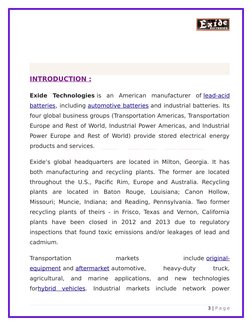 INTRODUCTION :
Exide  Technologies is  an  American  manufacturer  of lead-acid (http://en.wikipedia.org/wiki/Lead%E2%80%93ac