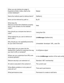 When you are looking at a page in 
Experience Editor mode, what is the 
context database?
Master
Name the method used to retr