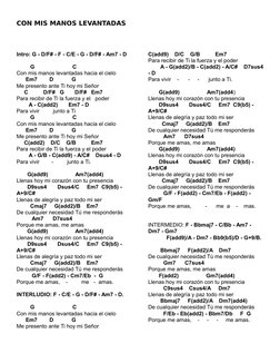 CON MIS MANOS LEVANTADAS
Intro: G - D/F# - F - C/E - G - D/F# - Am7 - D
         G                         C
Con mis manos le
