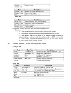 Subject
Subject Name
Student Info
Issue Info.
Field
Description
Book Code
Identification of book (Foreign Key)
Student Code
I