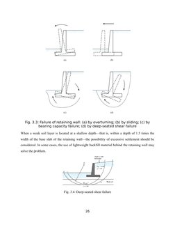 Fig. 3.3: Failure of retaining wall: (a) by overturning; (b) by sliding; (c) by
bearing capacity failure; (d) by deep-seated