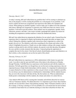Internship Reflection Journal
Kelli Houston
Thursday, March 2, 2017
At today’s meeting, Bill and I talked about my portfolio