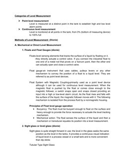 Categories of Level Measurement

Point level measurement
Level is measured at a distinct point in the tank to establish high