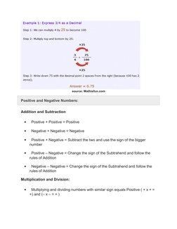 source: Mathisfun.com
Positive and Negative Numbers:
Addition and Subtraction

Positive + Positive = Positive

Negative + N