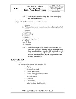 JETT
USER REQUIREMENTS
SPECIFICATION
BATCH FLUID BED SYSTEM
Page 8 of 29
Doc ID:  Batch Fluid Bed
System TEMPLATE
Rev.0
Septe