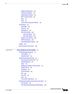 Contents
iii
Network Security Baseline
OL-17300-01
Neighbor Authentication     3-3
Routing Peer Definition     3-4
Default Pa