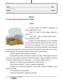 AVALIAÇÃO TRIMESTRAL (3º PERÍODO) - PORTUGUÊS - 3º ANO
PARTE A
Lê o texto e depois responde ao que te é pedido.
“Fogo!”
O  ve