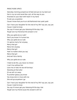 MAGIC RUDE LYRICS
Saturday morning jumped out of bed and put on my best suit
Got in my car and raced like a jet, all the way