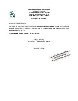 INSTITUTO MEXICANO DEL SEGURO SOCIAL 
DELEGACION JALISCO 
JEFATURA DE PRESTACIONES MEDICAS 
HOSPITAL GENERAL REGIONAL No. 46