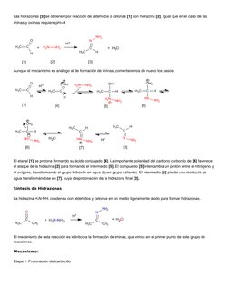 Las hidrazonas [3] se obtienen por reacción de aldehídos o cetonas [1] con hidrazina [2]. Igual que en el caso de las 
iminas