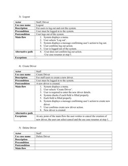 3) Logout
Actor
Staff, Driver
Use case name
Logout
Description
For users to log out and exit the system.
Precondition
User mu