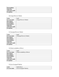 Postcondition
Main flow
Alternative path
Exceptions
10) Assign Driver to Vehicle
Actor
Staff
Use case name
Assign Driver to V