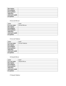 Description
Precondition
Postcondition
Main flow
Alternative path
Exceptions
14) List all Drivers
Actor
Staff
Use case name
L