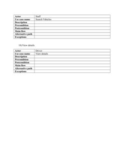 Actor
Staff
Use case name
Search Vehicles
Description
Precondition
Postcondition
Main flow
Alternative path
Exceptions
18) Vi