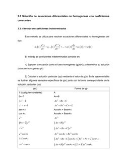 3.3 Solución de ecuaciones diferenciales no homogéneas con coeficientes 
constantes 
 
3.3.1 Método de coeficientes indetermi