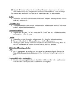22. After 15-20 minutes refocus the students for a whole class discussion, ask students to 
share out the similes and metapho
