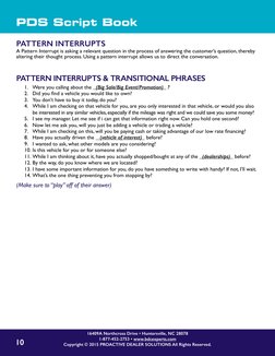 10
PDS Script Book
16409A Northcross Drive • Huntersville, NC 28078
1-877-452-2753 • www.bdcexperts.com
Copyright © 2015 PROA