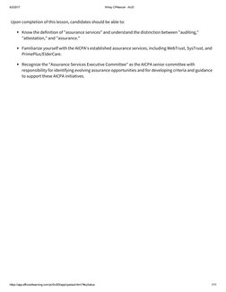 6/2/2017
Wiley CPAexcel ­ AUD
https://app.efficientlearning.com/pv5/v8/5/app/cpa/aud.html?#syllabus
1/11
Upon completion of t