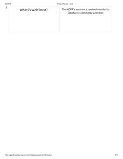 6/2/2017
Wiley CPAexcel ­ AUD
https://app.efficientlearning.com/pv5/v8/5/app/cpa/aud.html?#syllabus
8/11
6
 
What is WebTrust