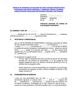 MODELO DE DEMANDA DE NULIDAD DE COSA JUZGADA FRAUDULENTA
PLANTEADA POR PARTE PROCESAL Y DIRIGIDA CONTRA ACUERDO
CONCILIATORIO