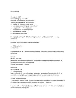 bins y carding 
 
 
17 de junio 2017 
Tarea de lenguaje de interfaz 
Unidad 4: programación de dispositivos 
Trabajo de inv