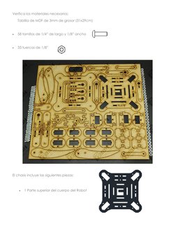 Verifica los materiales necesarios: 
Tablilla de MDF de 3mm de grosor (31x29cm) 
 
 
58 tornillos de 1/4” de largo y 1/8” an