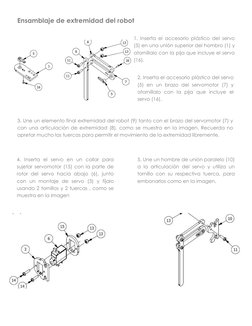 Ensamblaje de extremidad del robot 
1. Inserta el accesorio plástico del servo 
(5) en una unión superior del hombro (1) y 
a