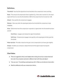 Definitions 
Threshold​ - how loud the signal level must be before the compressor starts working. 
Ratio​ - The amount of com