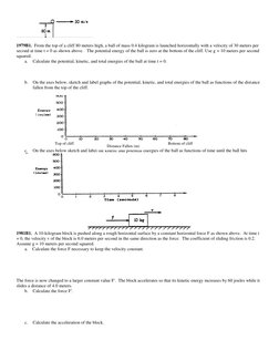 1979B1.  From the top of a cliff 80 meters high, a ball of mass 0.4 kilogram is launched horizontally with a velocity of