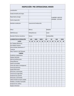 INSPECCIÓN  PRE OPERACIONAL MIXER 
Localización: 
  
ELABORO: XXXYYZZ        
APROBÓ : ZZYYXXX 
Inspeccionado por/cargo: