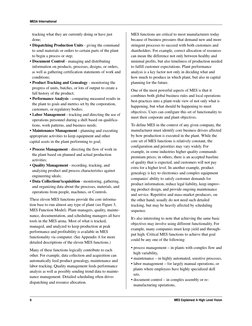 6
MES Explained: A High Level Vision
MESA International
tracking what they are currently doing or have just
done;
• Dispatchi