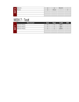 Bench
3
5
60.0%
-
Rows
3
8-10
-
7
Movement
Sets
Reps
%1RM
RPE
Bench Press
1
1
90%
-
Bench Press
1
1
95%
-
Bench Press
1
1
100