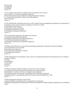 B) processing.
C) organizing.
D) feedback.
Answer:  B
33) An example of raw data from a national chain of automobile stores w