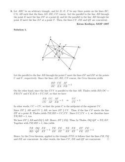 3. Let ABC be an arbitrary triangle, and let D, E, F be any three points on the lines BC,
CA, AB such that the lines AD, BE,