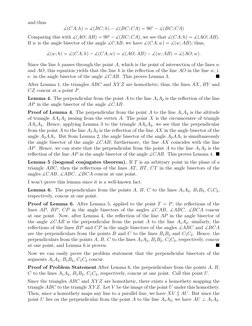 and thus
∡(CA; h) = ∡(BC; h) −∡(BC; CA) = 90◦−∡(BC; CA)
Comparing this with ∡(AO; AB) = 90◦−∡(BC; CA), we see that ∡(CA; h) =